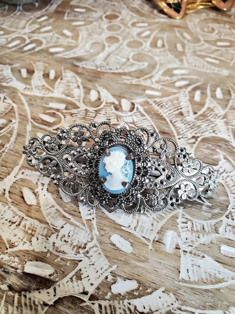 Artisan Cameo Hair Barrette Silver Filigree Victorian Romantic Blue